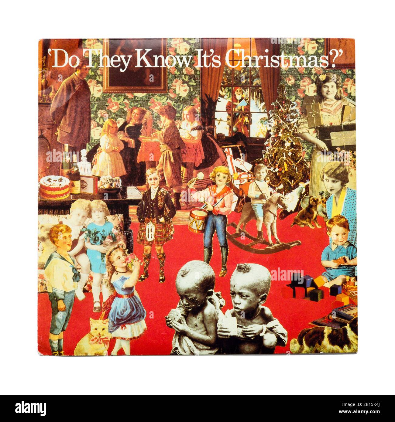 Sleeve for Old Original Phonogram Ltd Vinyl 45 RPM Record Do They Know It's Christmas by Band Aid 1984 isoliert auf weiß. Geldof und Ure Stockfoto