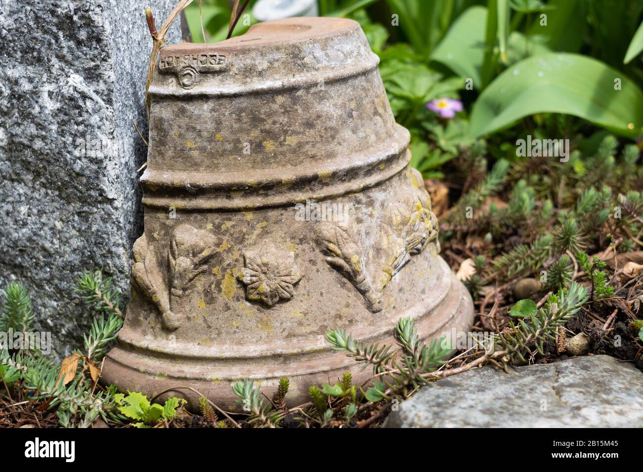 Invers zerbrochener Keramikpflanzentopf mit Zierskulpturen auf Grund von Blumenbeet mit Tulpen. Nahaufnahme. Stockfoto