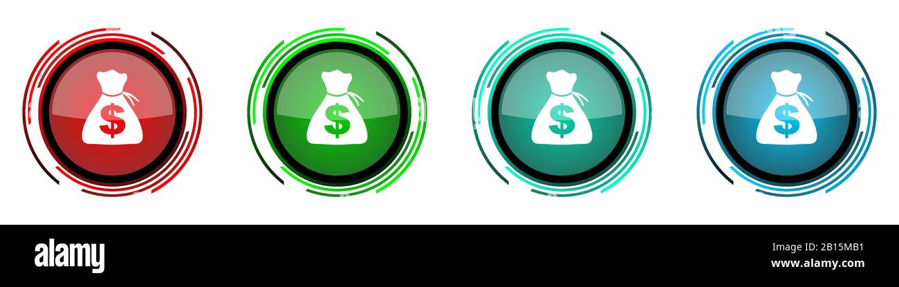 Money round glänzende Vektorsymbole, Knopfleiste für Webdesign-, Internet- und Handyanwendungen in vier Farben, isoliert auf weißem Backgrot Stock Vektor