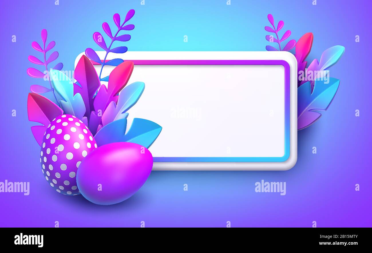 Osterhintergrund. Helles, stilvolles 3D-Blattwerk im Stil von Webdesign Neorphismus. Vorlage für Werbebanner, Flyer, Flyer, Poster, Webseite Stock Vektor