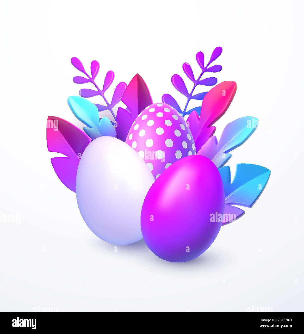 Osterhintergrund. Helles, stilvolles 3D-Blattwerk im Stil von Webdesign Neorphismus. Vorlage für Werbebanner, Flyer, Flyer, Poster, Webseite Stock Vektor