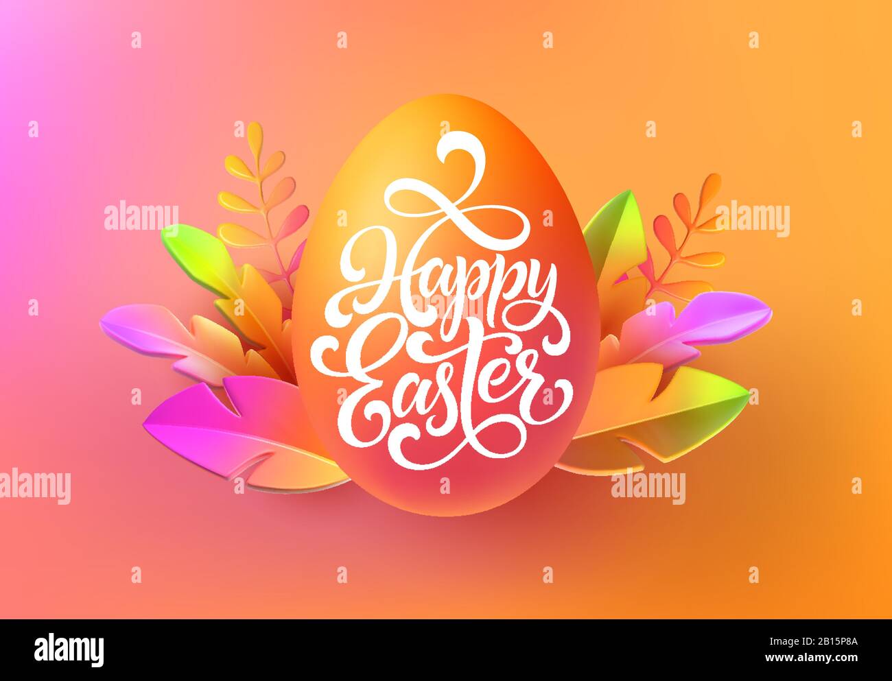 Osterhintergrund. Helles, stilvolles 3D-Blattwerk im Stil von Webdesign Neorphismus. Vorlage für Werbebanner, Flyer, Flyer, Poster, Webseite Stock Vektor