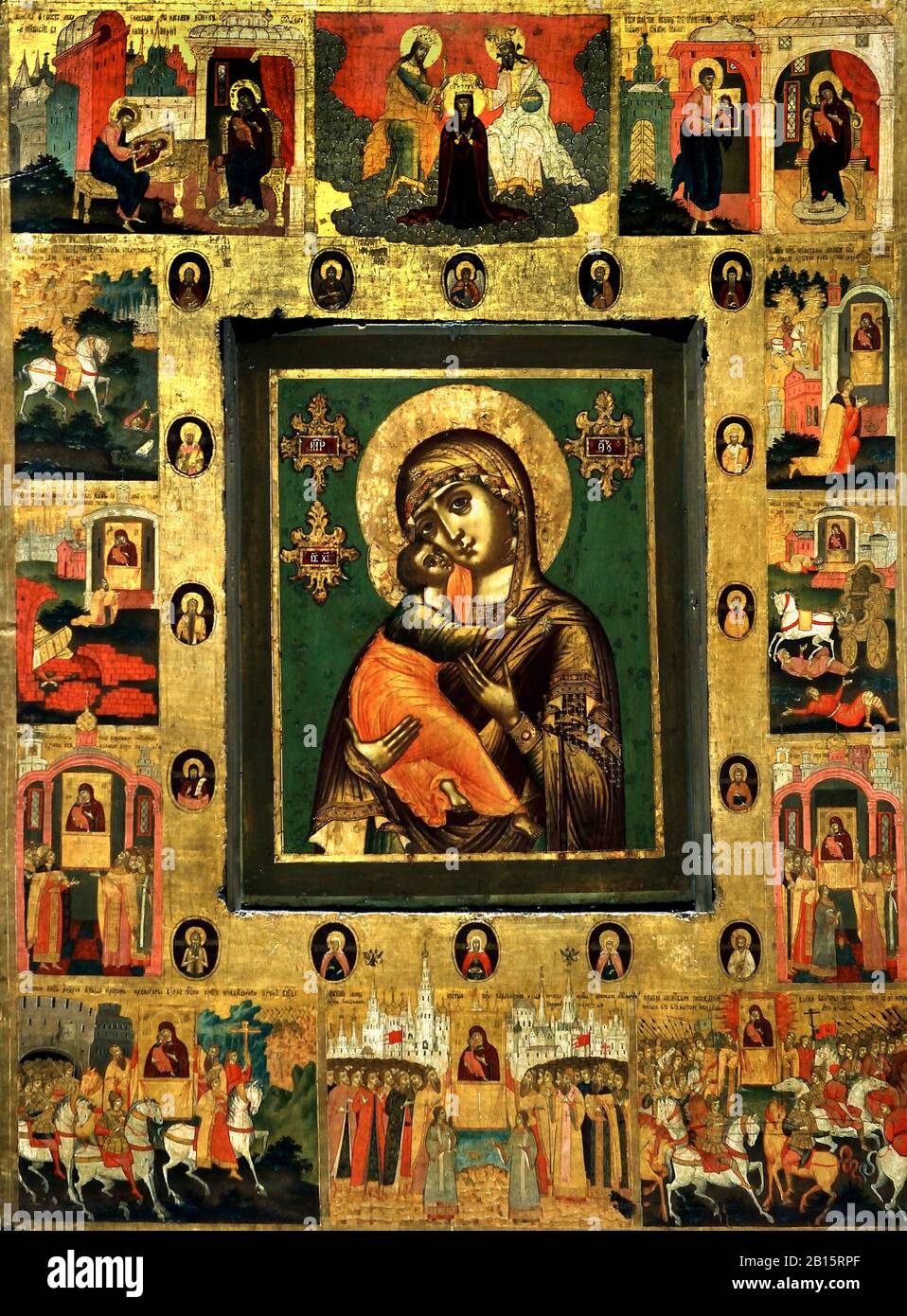 Ikone, die Mutter gottes von Wladimir, mit Ausgewählten Heiligen und Grenzszenen, Die Wunder darstellen.Russland, Russland, Russland, Föderation, Stockfoto