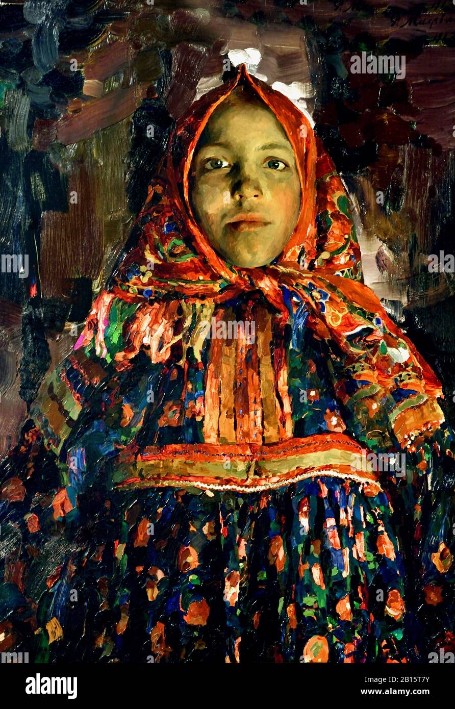Verka Bauernfrau, 1913 ( Die Heldinnen des Künstlers lebten in den Dörfern der Provinz Ryazan und trugen helle und bunte Kleidung. Verka verbirgt ihre Figur hinter einer Masse von Motley-Kleidung und ist anrührend schüchtern und schüchtern. Sie ist fast wie ein animiertes Idol.) Philipp Malyavin Russland, Russisch, Föderation, . Stockfoto