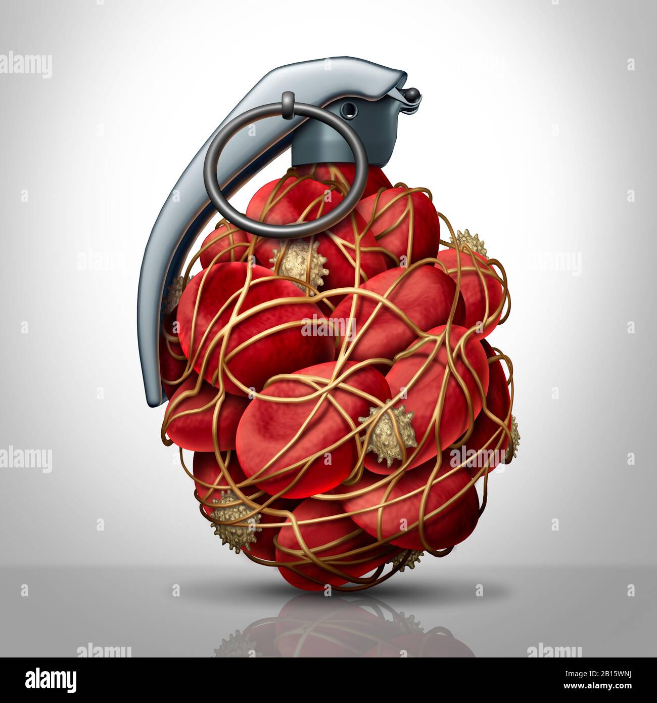 Blutgerinnungsrisiko und Gerinnungsgefahr oder Thrombose medizinische Veranschaulichung als eine Gruppe von menschlichen Blutzellen, die durch klebrige Thrombozyten zusammengeklumpt sind. Stockfoto