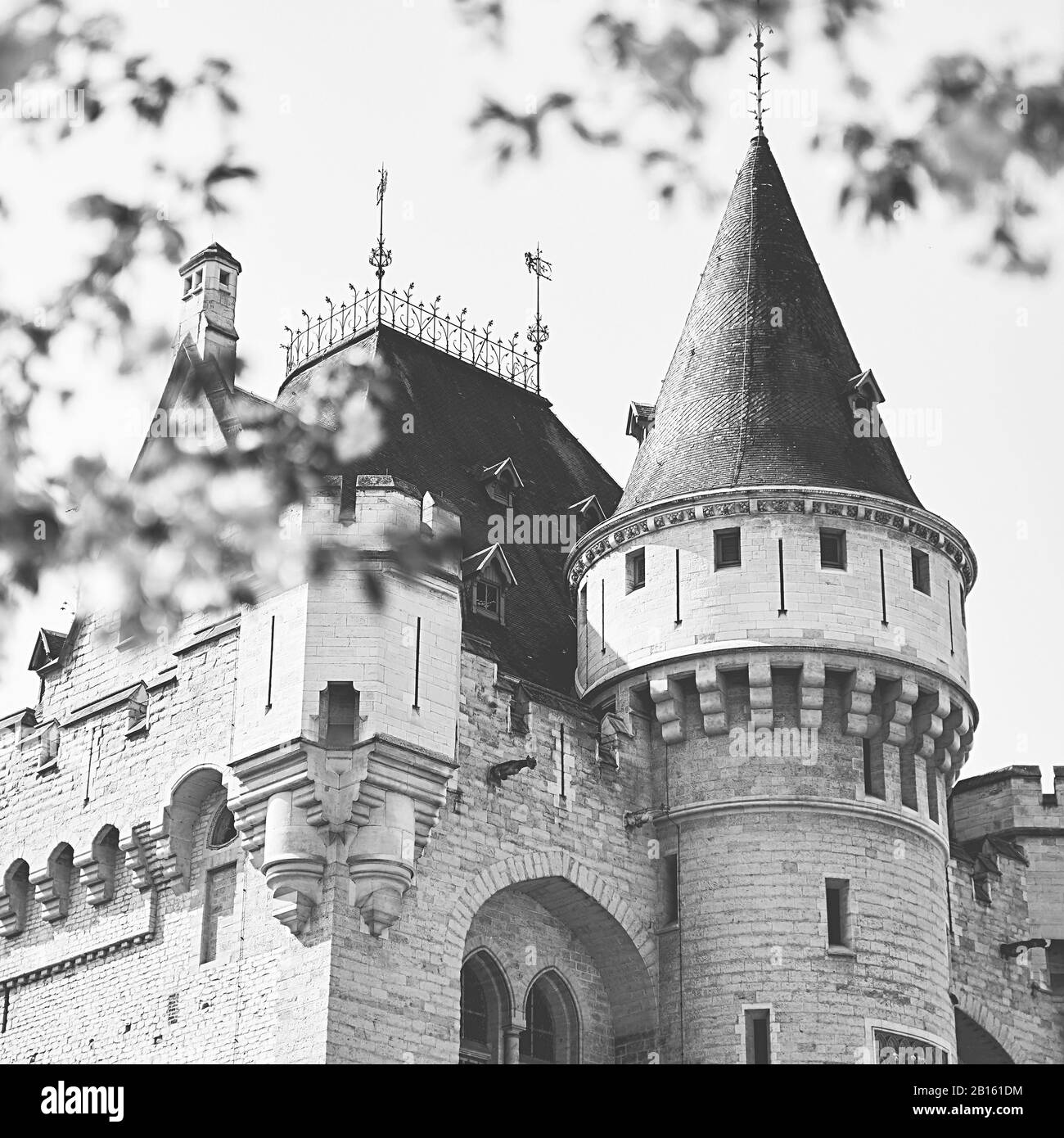 Frühling in Brüssel. Blick auf das Hallentor, das mittelalterliche Stadttor, durch blühende Bäume. Schwarz und Weiß. Stockfoto