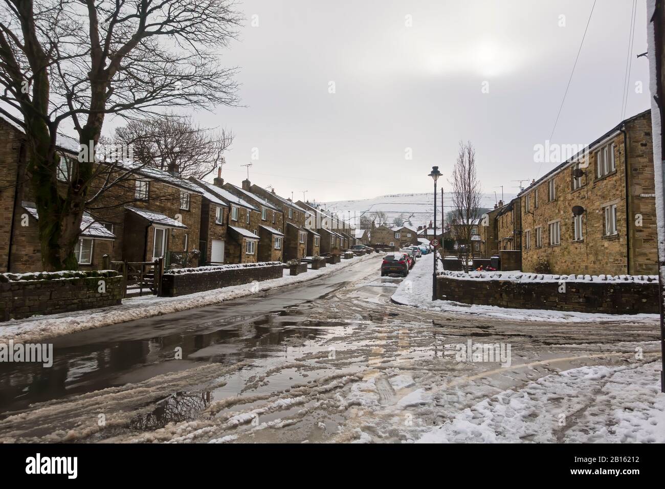 Schneetag in Gayle, Wensleydale, Yorkshire Dales Stockfoto