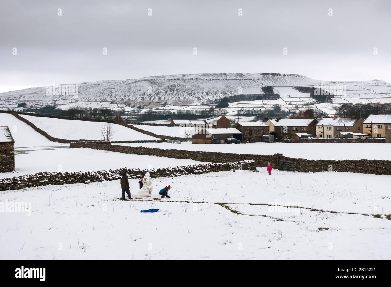 Schneetag in Gayle, Wensleydale, Yorkshire Dales Stockfoto