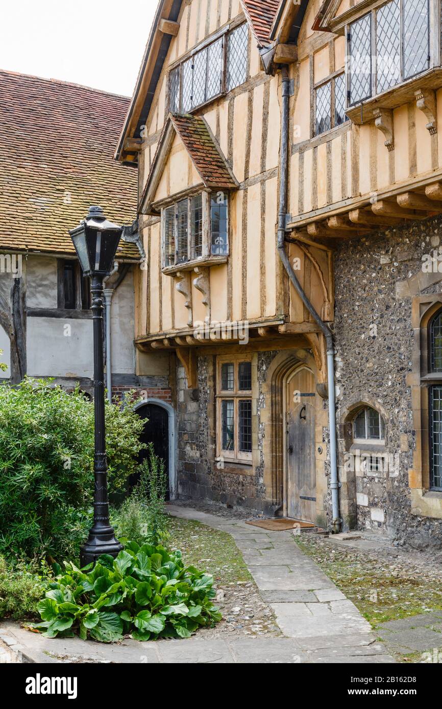 Tudor Gebäude Cheyney Court in der historischen Ciy von Winchester, Hampshire, England Stockfoto