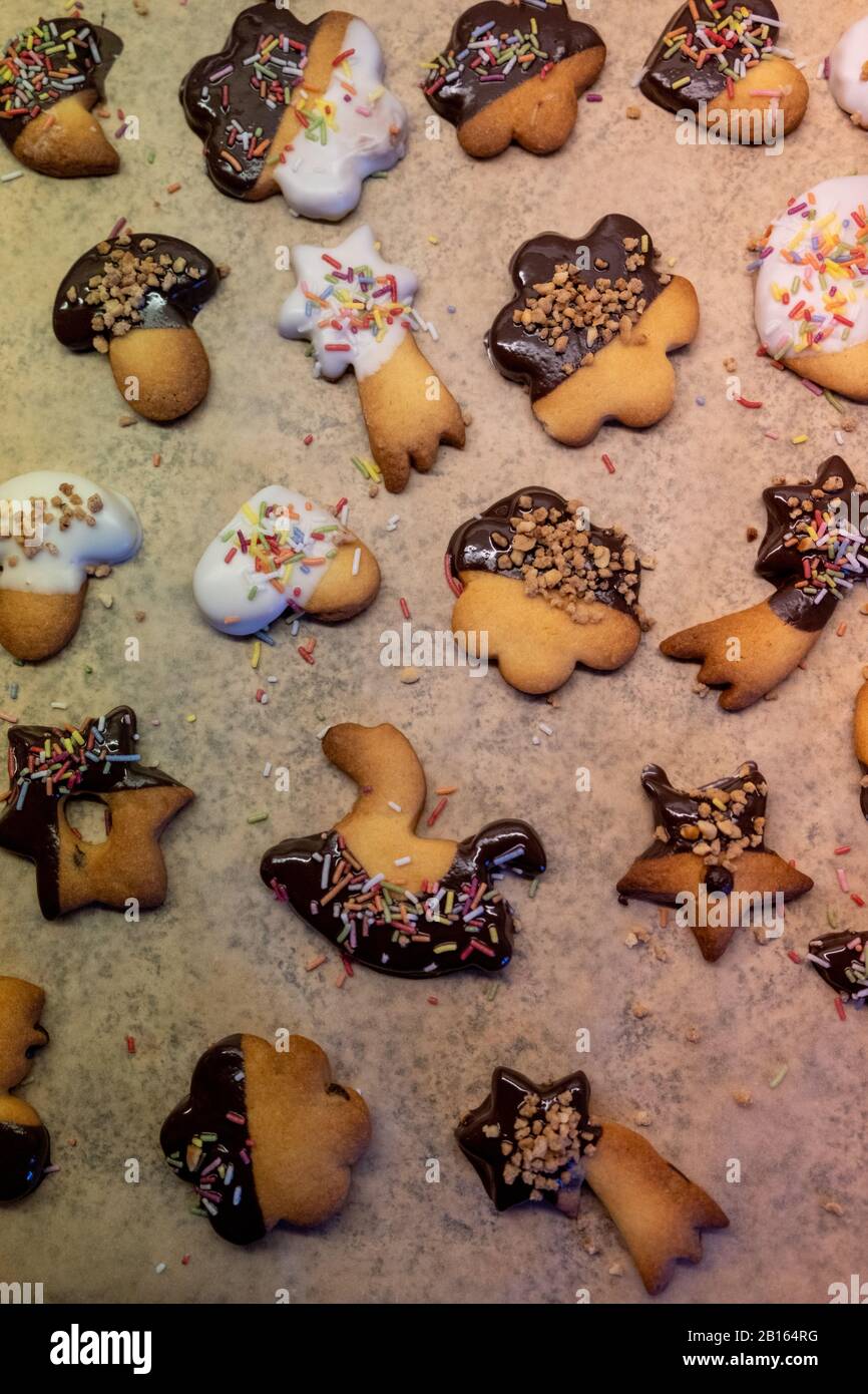 Köstliche frisch gebackene Plätzchen in verschiedenen Formen mit Schokolade und bunten Krümeln in der weihnachtszeit. Stockfoto