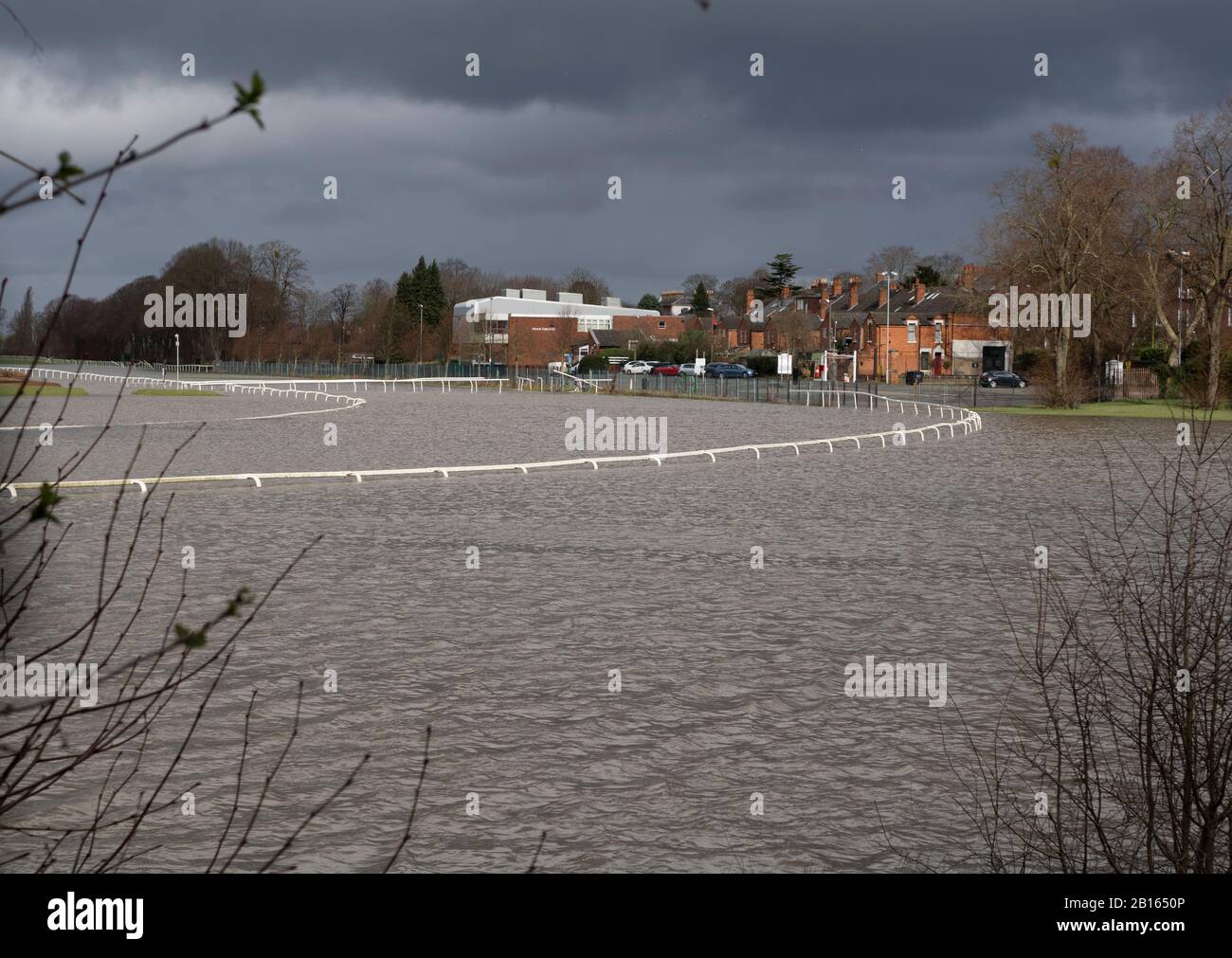 Worcester Race Course Flut rückläufig. 23/02/20120 Worcester, England, Großbritannien. Wasser aus den ersten Überschwemmungen in diesem Jahr tritt zurück und macht das Gras wieder frei. Auf dem Überschwemmungsgebiet des Worcester Race Course scheint Sonne. Stockfoto