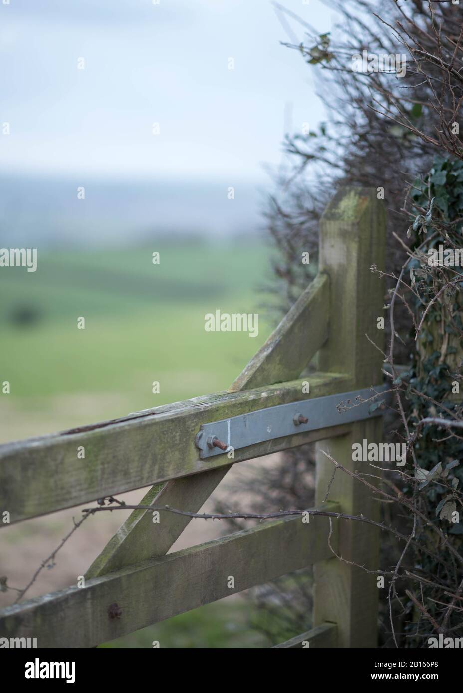 Holztor im Fokus mit Blick in die Tiefe des Feldes - ländliche Szene in Nord-Devon, England, Großbritannien - Wintertag Stockfoto