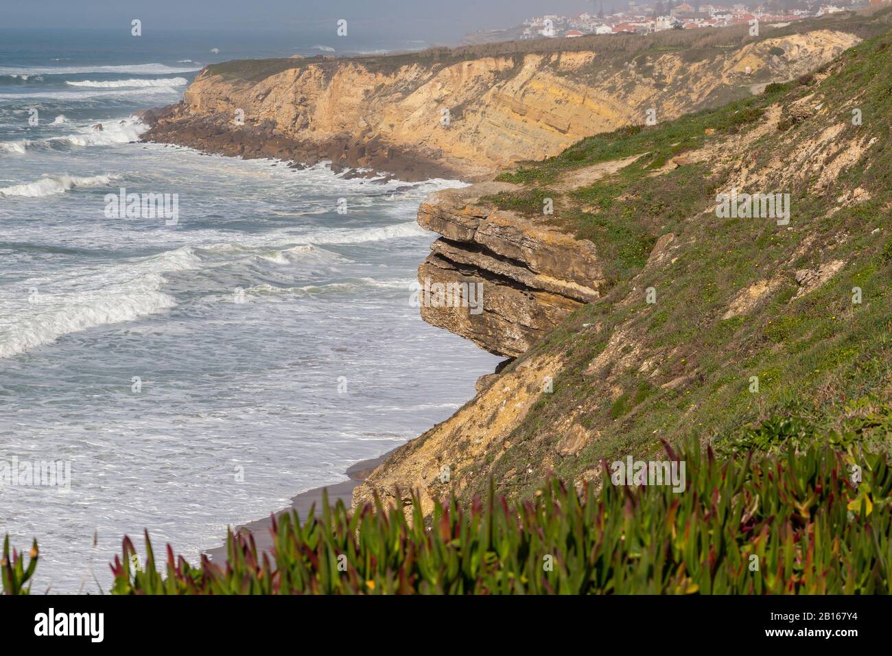 Meeresküste mit Gras, Bewegungswellen mit Schaum. Windkraft. Türkisfarbenes Wasser. Stockfoto
