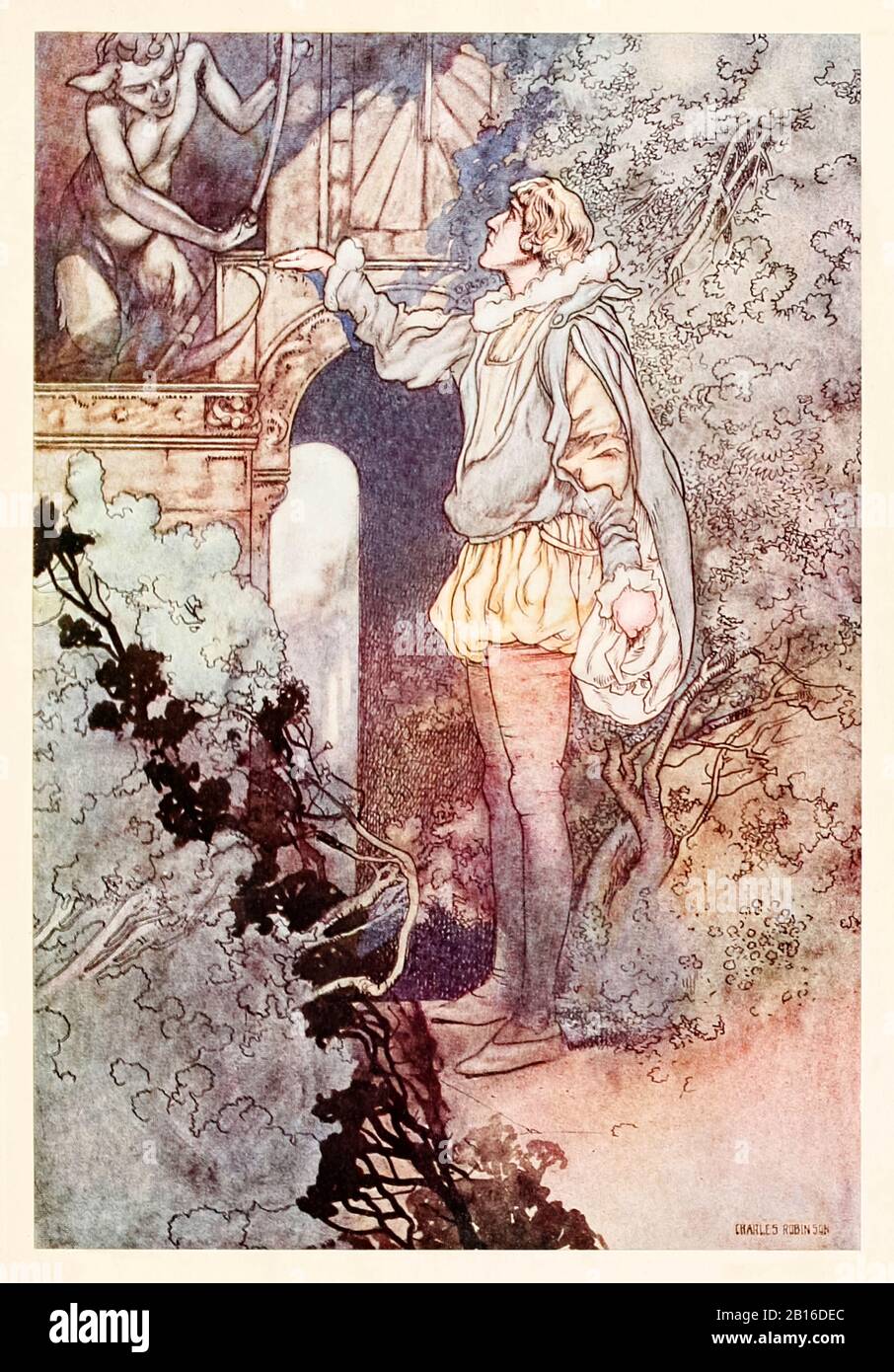 "Nicht Marmor, nicht die vergoldeten Prinzenmonumente, wird diesen kraftvollen Reim überflügeln; Aber Sie werden in diesem Inhalt heller leuchten als hochgepeitschte Steine, die mit slutischer Zeit behaftet sind" aus "Exegi Monumentum" in Den Liedern und Sonetten von William Shakespeare illustriert von Charles Robinson (1870-1937). Weitere Informationen finden Sie weiter unten. Stockfoto