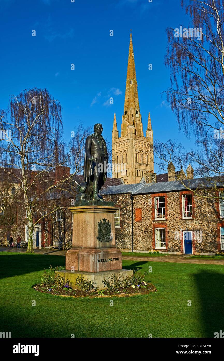 Die Statue des Dukes of Wellington steht auf dem Gelände der Norwich Cathedral, Norwich, Norfolk, und wird von der 96 m hohen Turmspitze übersehen. Stockfoto