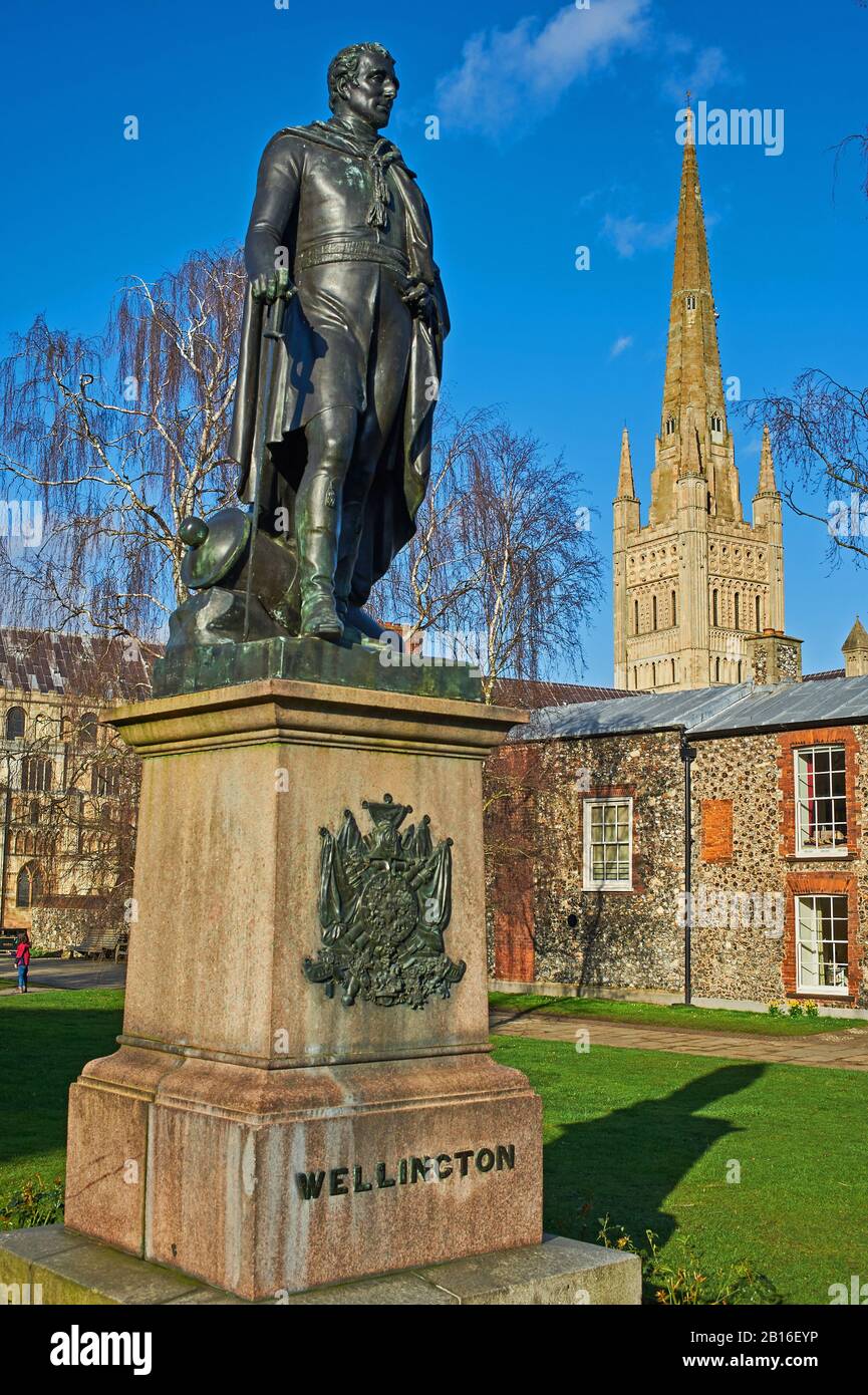 Die Statue des Dukes of Wellington steht auf dem Gelände der Norwich Cathedral, Norwich, Norfolk, und wird von der 96 m hohen Turmspitze übersehen. Stockfoto