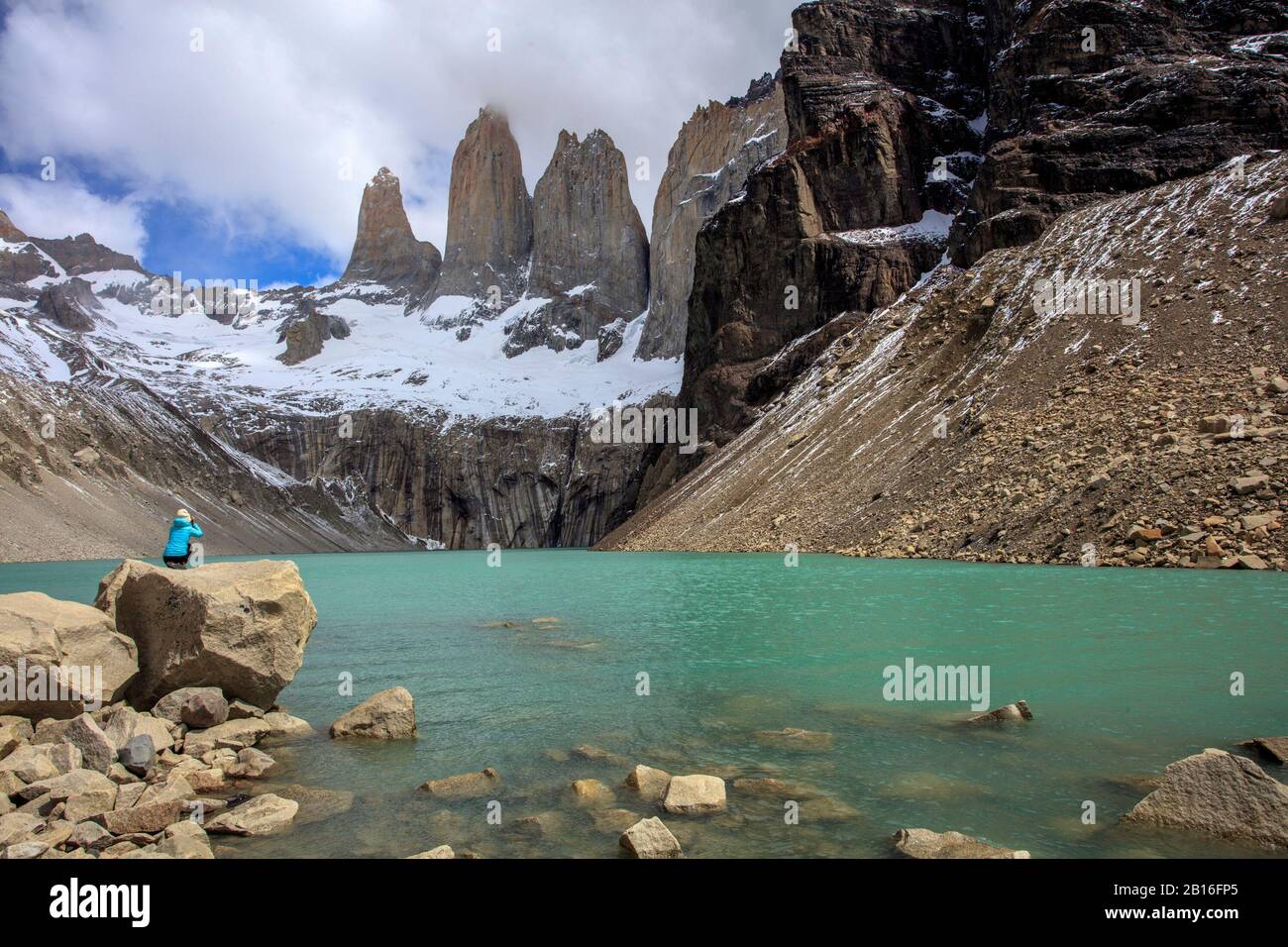 Mirador Base Torres del Paine.Torres del Paine Nationalpark. Die Magallanes und die chilenische Antarktis. Stockfoto