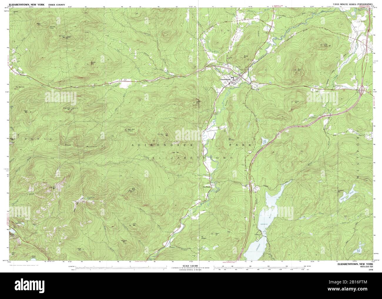 Sehr detaillierte Ansicht der topografischen Karte von 1978 für Elisabethtown, NY Stockfoto