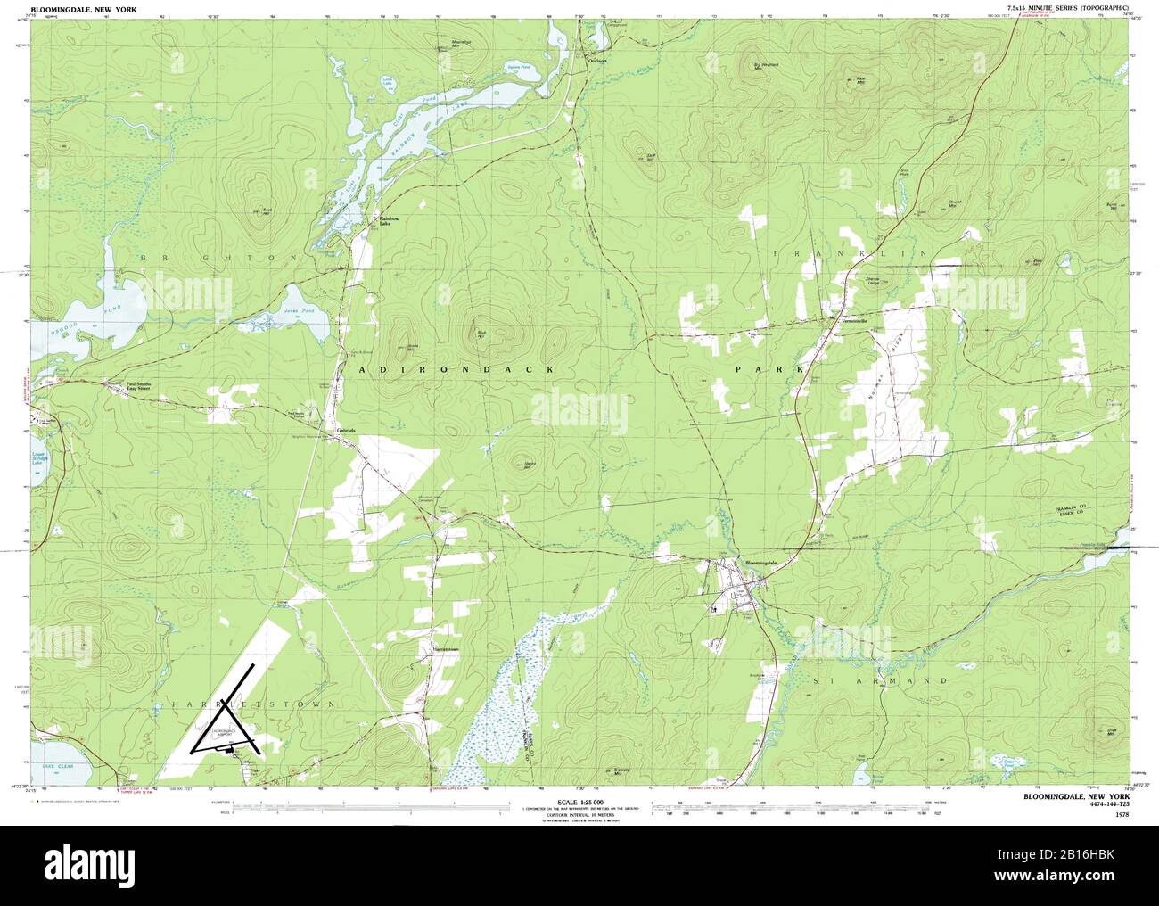 Sehr detaillierte Ansicht der topografischen Karte von 1978 für Bloomingdale, NY Stockfoto