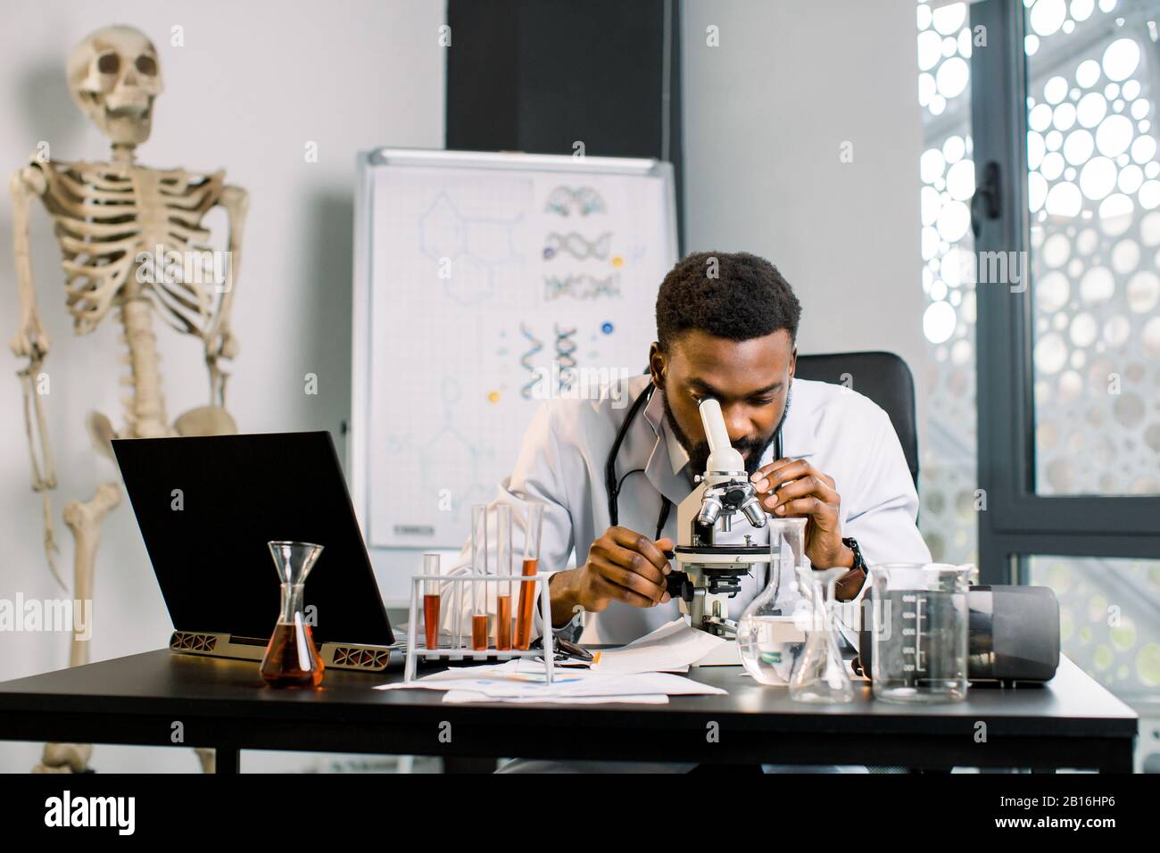 Ein gutaussehender afrikanischer Techniker, Arzt, Mikrobiologe, im Labor, der durch das Mikroskop blickt, an der medizinischen Forschung arbeitet und am Tisch Wi sitzt Stockfoto