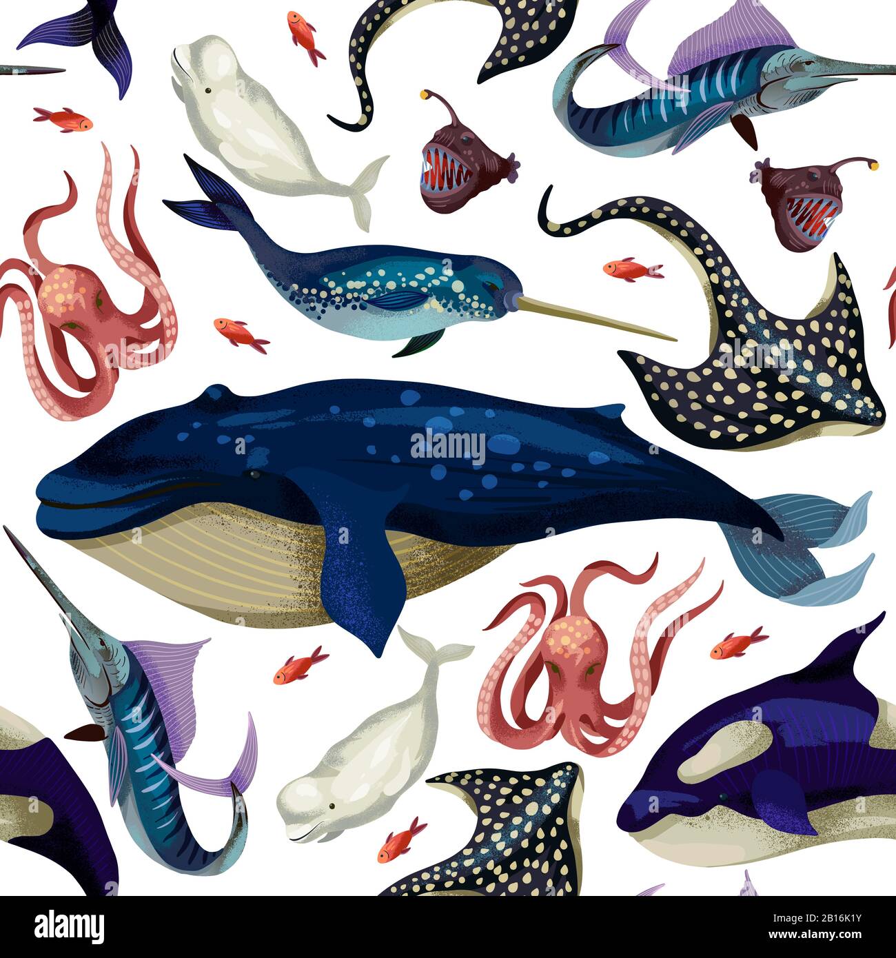 Nahtloses Muster mit Wal, devilfish, Orca und Tintenfisch. Vektor. Stock Vektor