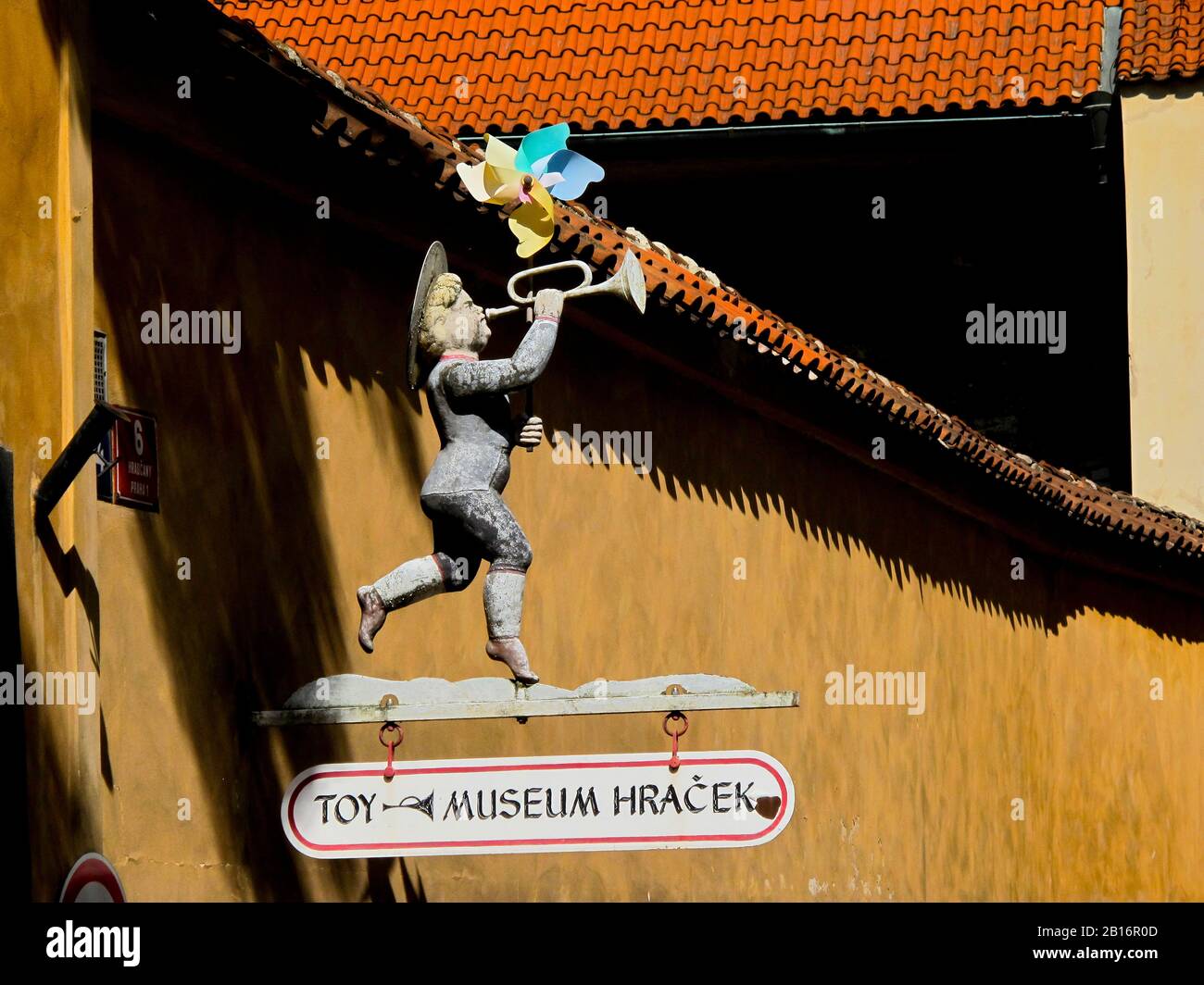 Trompete, Zinnfigur, Museumsschild Hracek, Hradcany, Prager Burg, Prag, Tschechien, Stockfoto