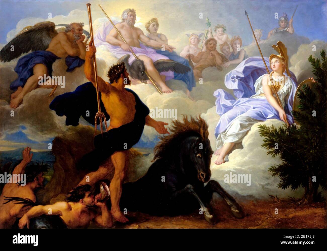 Streit zwischen Minerva und Neptun über die Namensgebung der Stadt Athen - René-Antoine Houasse, ca. 1700 Stockfoto