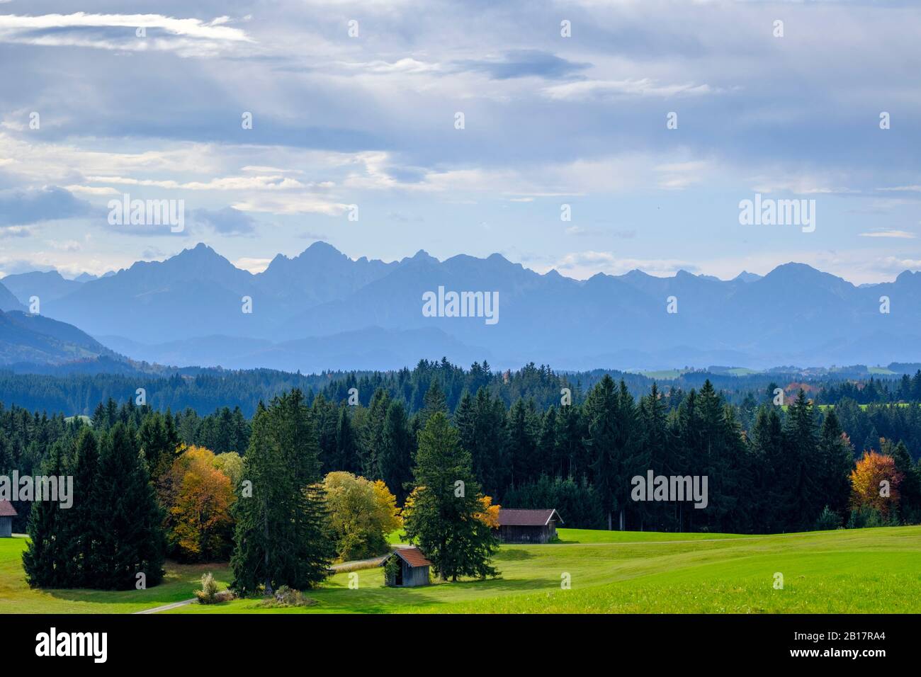 Ausgabe auf die Ammergauer Alpen, Mühlegg bei Wildsteig, Oberbayern, Bayern, Deutschland Stockfoto