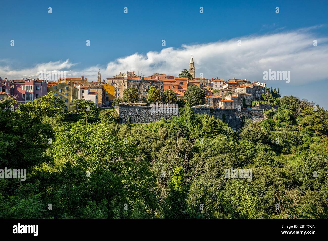 Kroatien, Istrien, Labin, Blick auf die Stadt auf einem grünen Hügel Stockfoto