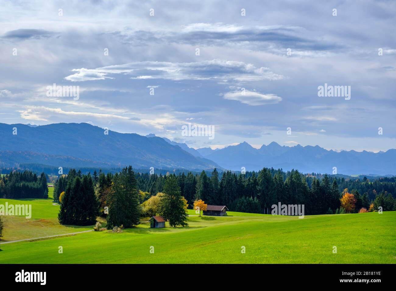 Ausgabe auf die Ammergauer Alpen, Mühlegg bei Wildsteig, Oberbayern, Bayern, Deutschland Stockfoto