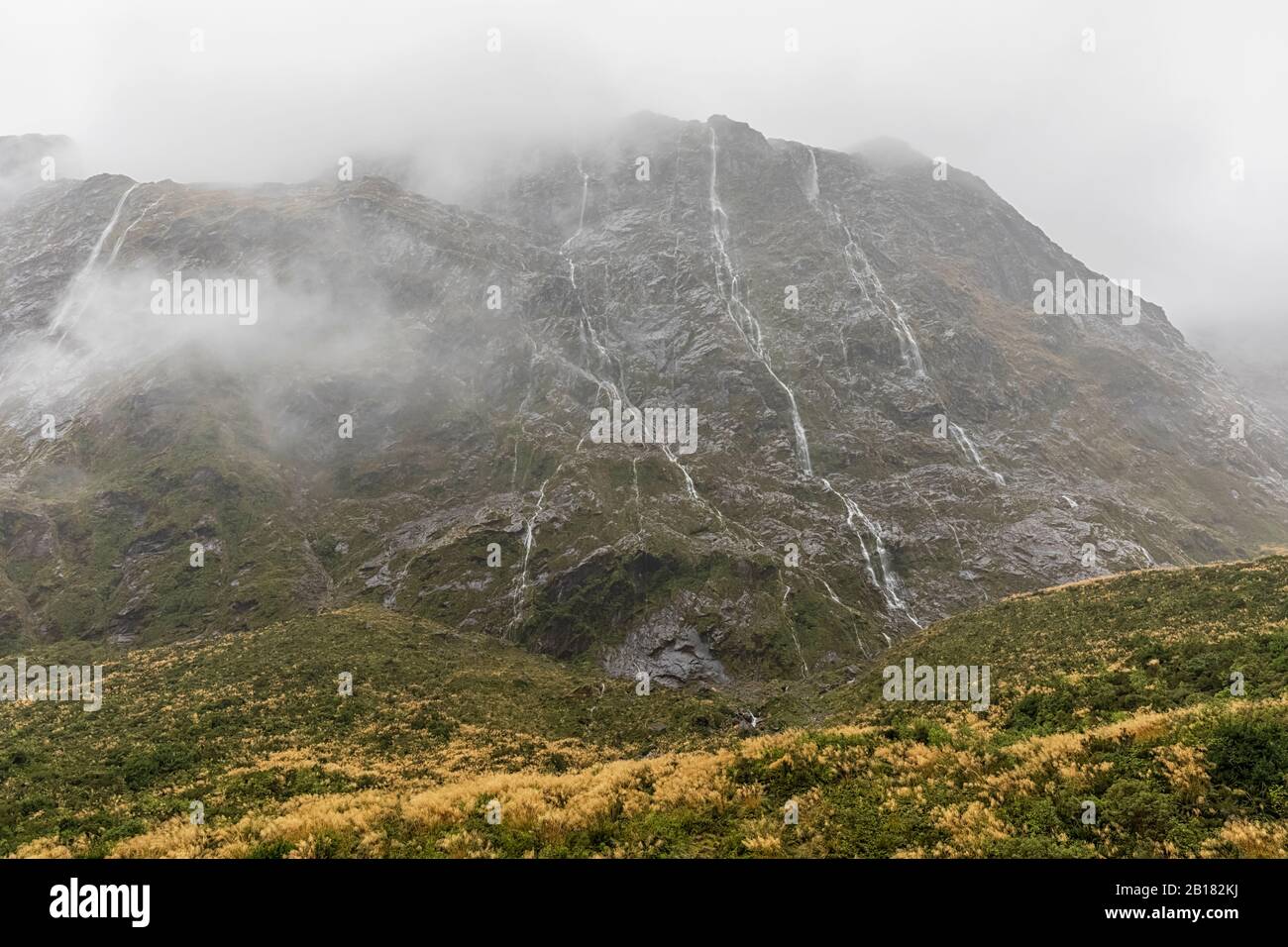 Neuseeland, Ozeanien, Südinsel, Südland, Fiordland Nationalpark, kontinuierlicher Regen, der Wasserfälle am Berghang erzeugt Stockfoto
