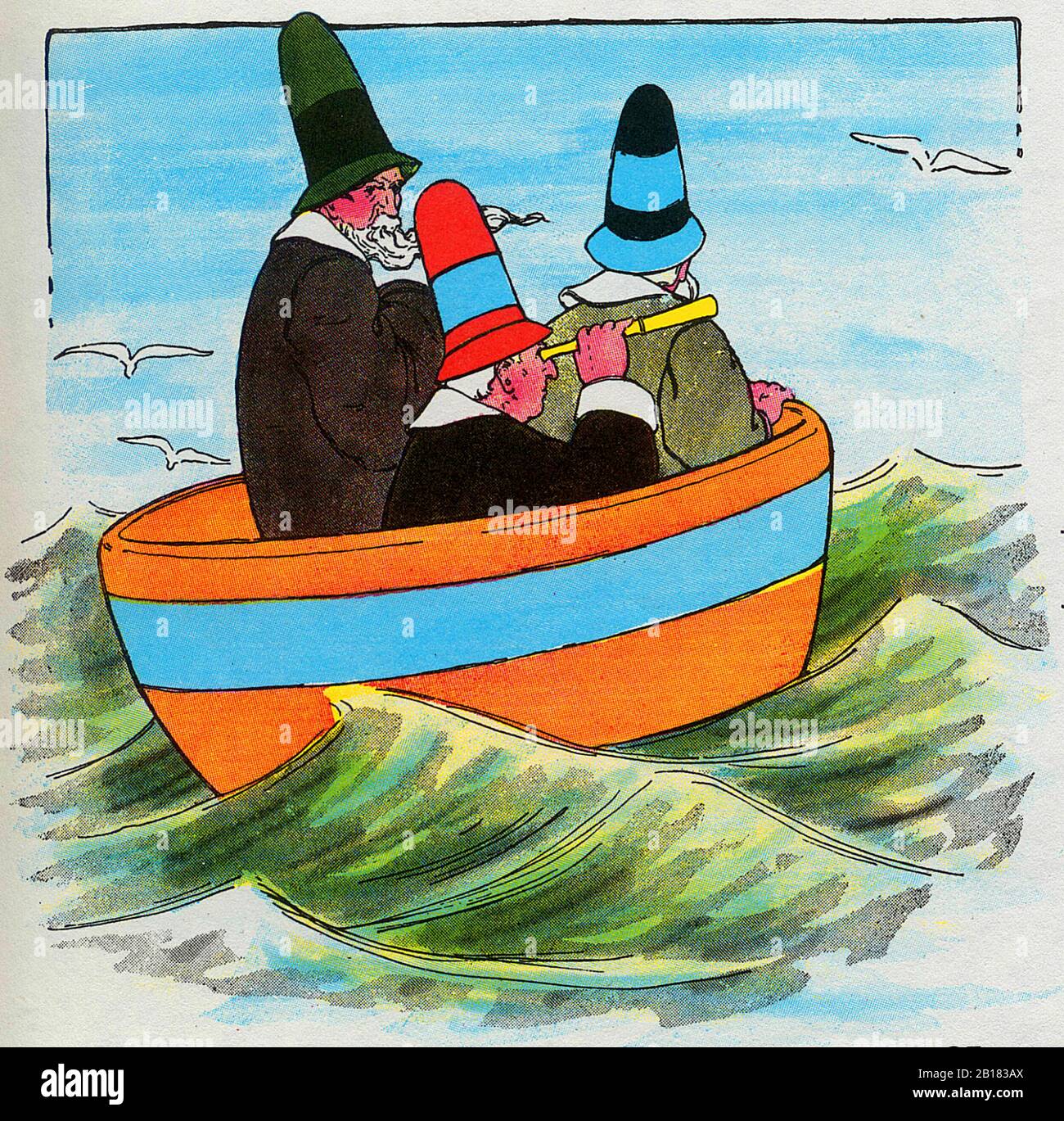 Drei kluge Gotham-Männer Gingen in einer Schüssel aufs Meer, Die Abbildung Der "Echten Mother Goose Nursery Rhyme" von Blanche Fisher Wright um das Jahr 1915 Stockfoto