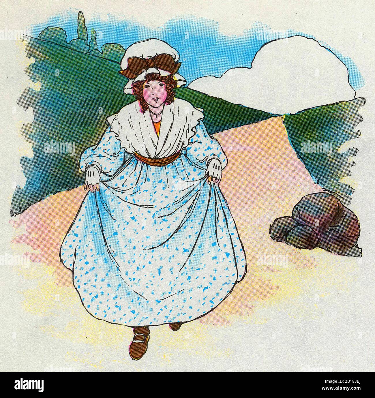 Als ich den Pippen Hill hinaufging, war Pippen Hill schmutzig, Die Eigentliche Mother Goose Nursery Rhyme Illustration von Blanche Fisher Wright um das Jahr 1915 Stockfoto