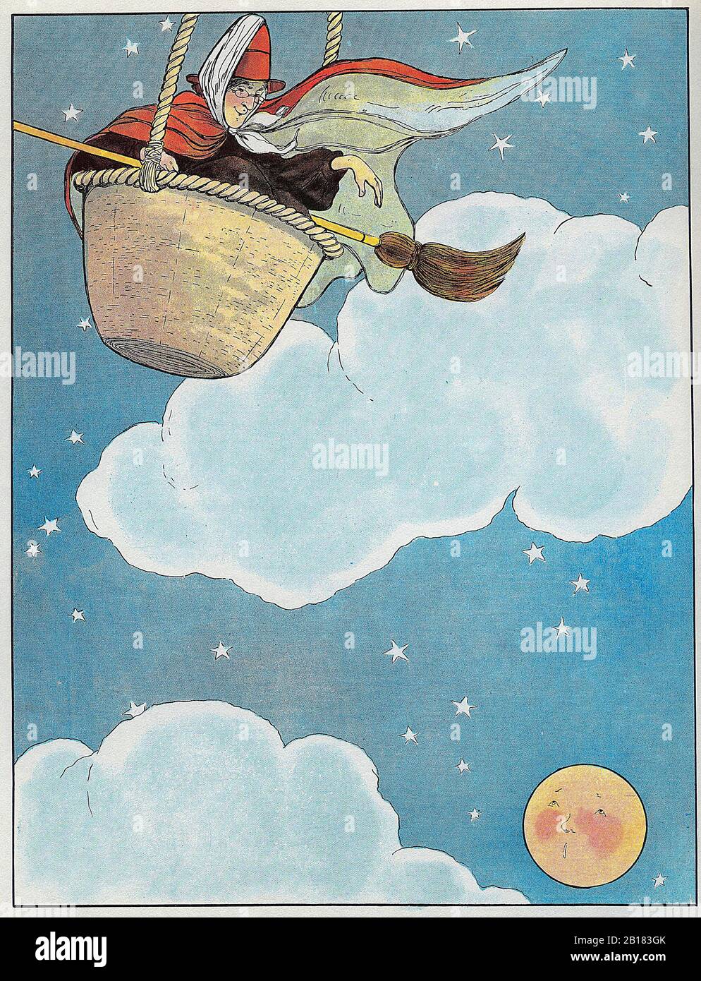 Es gab eine alte Frau, die in einem Korb geworfen wurde, Siebzehnmal so hoch wie der Mond - Echte Mutter Gänse Kinderkrimi-Illustration Blanche Fisher Wright Stockfoto