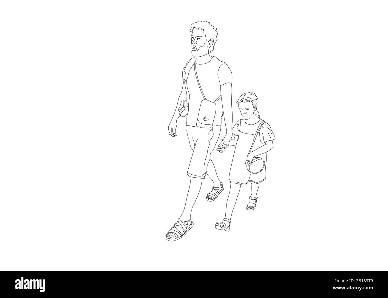 Schwarze Strichzeichnung des Vaters und seiner Tochter Walking, Linienkunst minimalistisches Design auf weißem schwarzen Untergrund. Stockfoto