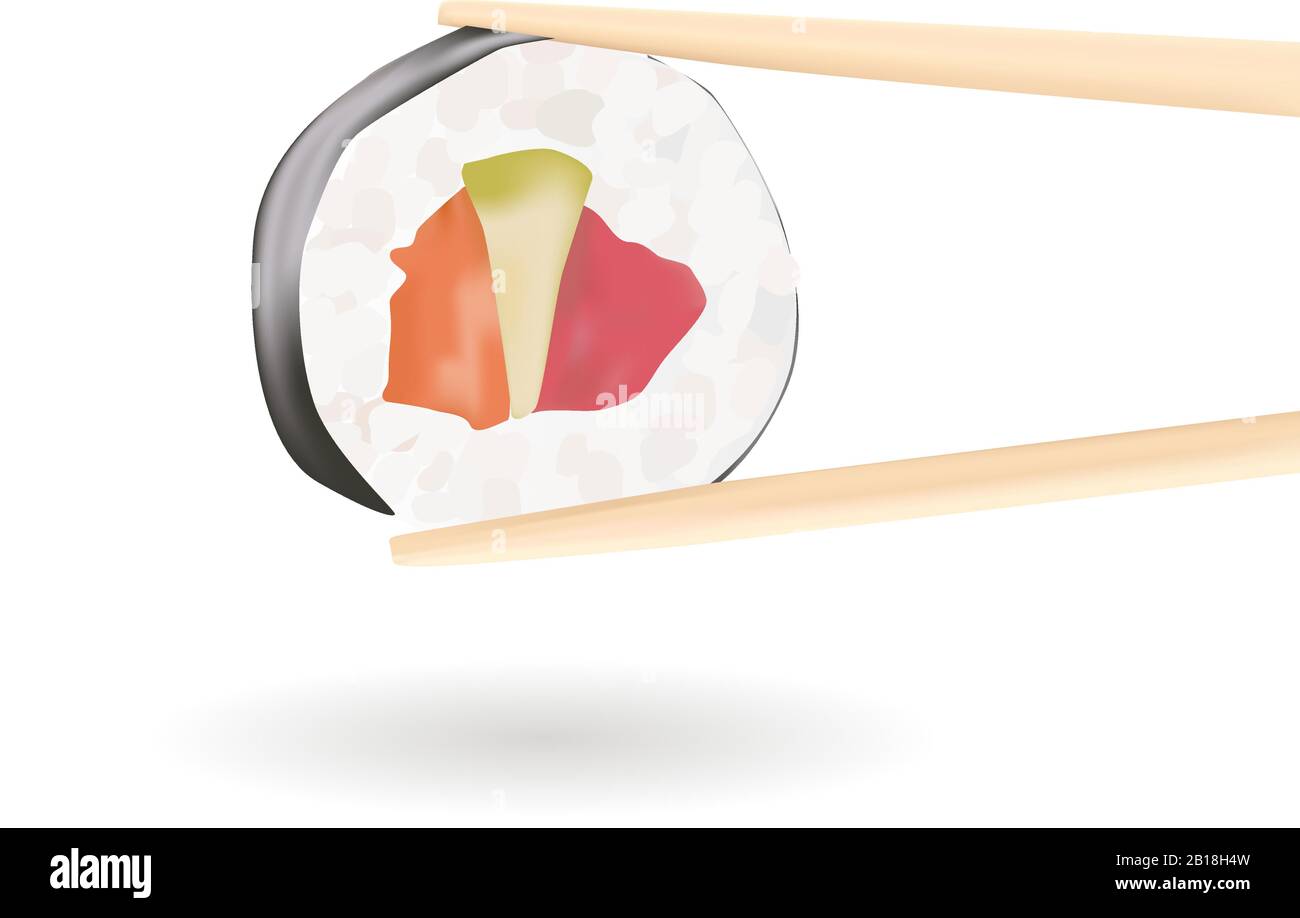 Sushi. Holzstäbchen, die eine Rolle halten Stock Vektor