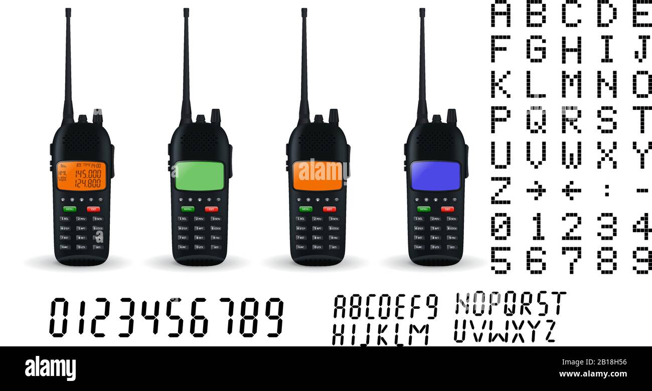 Funktransceiver. Sammlung von Geräten, Schriftarten und Nummern Stock Vektor