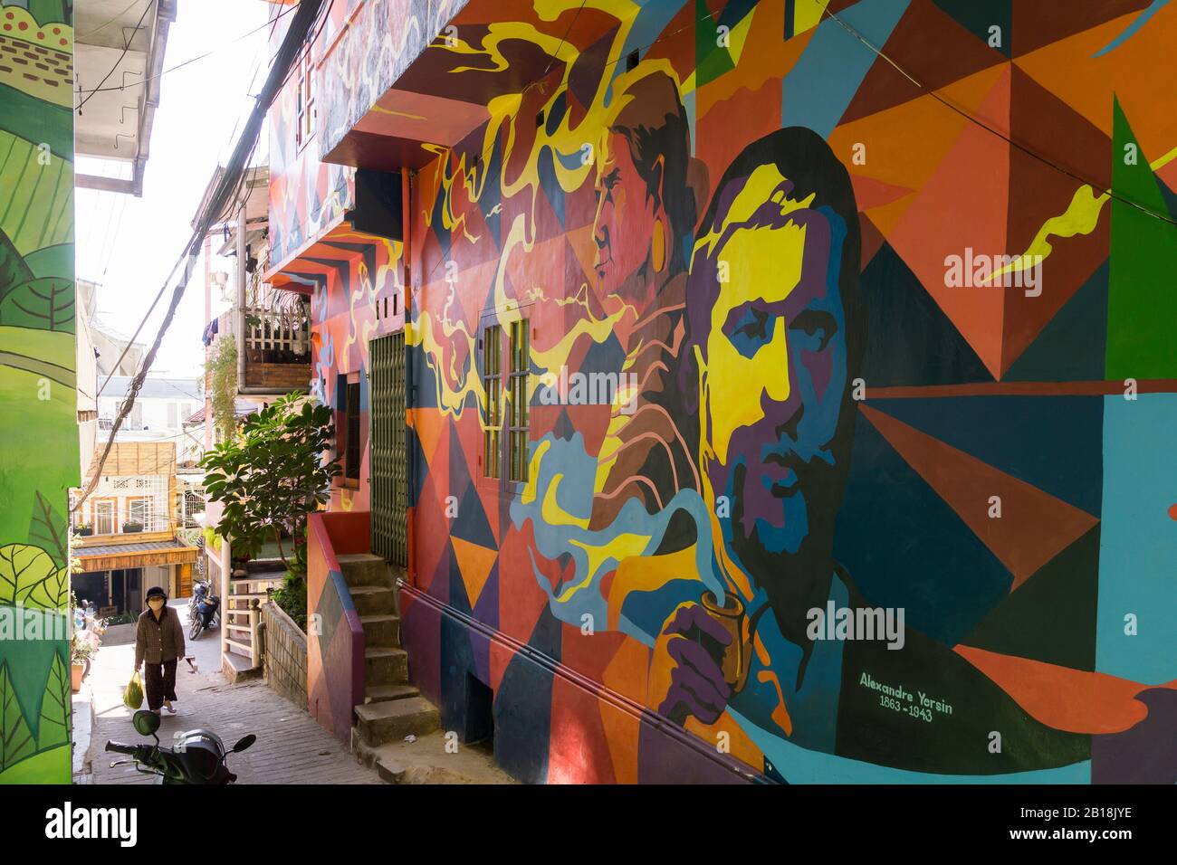 Dalat Vietnam Street Art - Wandbild mit dem schweizerisch-französischen Arzt Alexandre Yersin in Dalat, Vietnam, Südostasien. Stockfoto