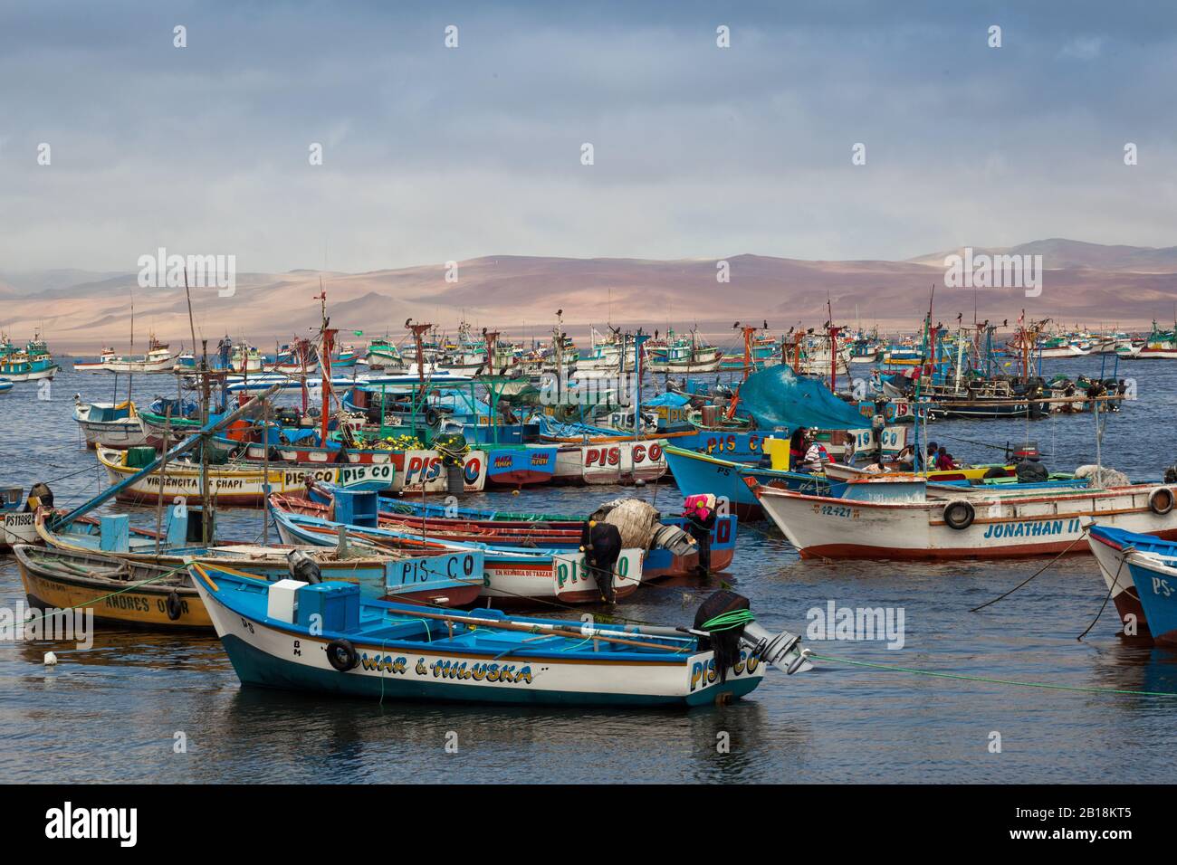 Eine große Anzahl lokaler Fischereifahrzeuge mooren direkt vor dem Ufer in Paracas und heben das Nebeneinander der Wüste im Hintergrund hervor. Stockfoto