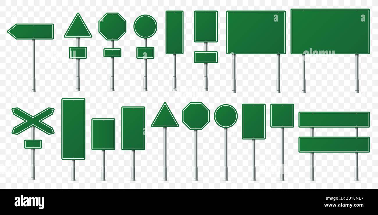 Grüne Straßenschild. Richtungsschilder auf Metallständer, leerer Zeigerpfosten und richtungsweisender isolierter Vektorsatz Stock Vektor