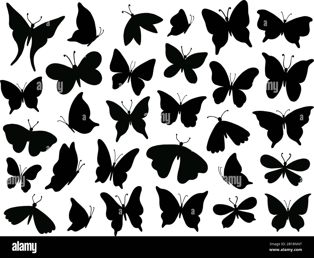 Papillon Silhouette. Mariposa-Schmetterlingsflügel, Mottenflügler Silhouetten und Frühlingsblumen-Schmetterlinge isolierten Vektorgrafiksatz Stock Vektor