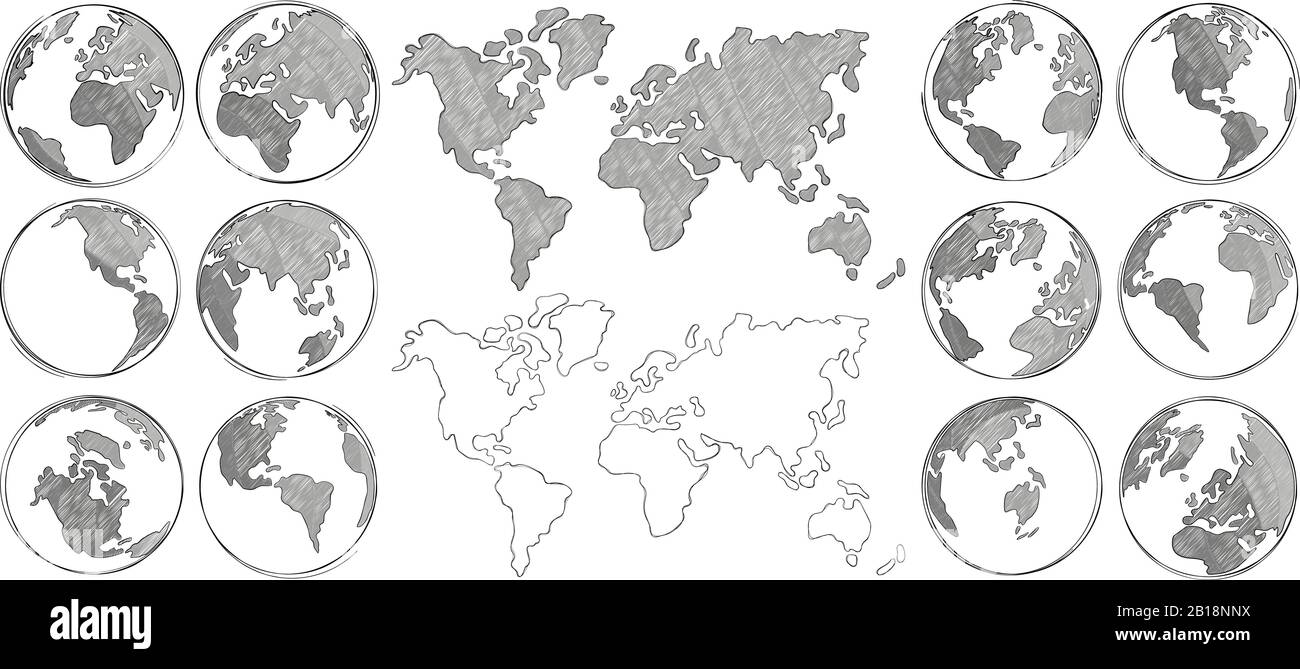 Skizzenzuordnung. Handgezeichneter Erdglobus, Zeichnungen von Weltkarten und Globen skizzieren isolierte Vektorgrafiken Stock Vektor