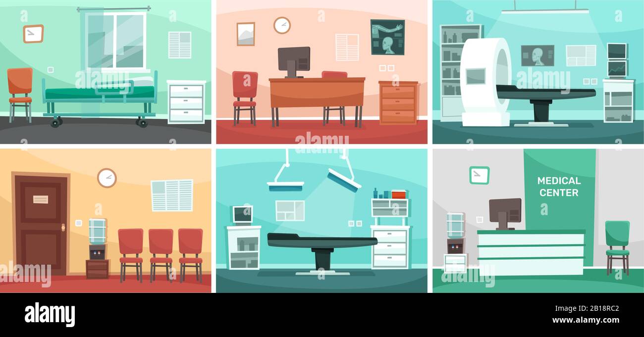 Cartoon Krankenhauszimmer. Medizinische Innenräume, Arztpraxen und chirurgische Klinik oder Krankenhäuser leer Warteraum Innenvektorillustration Stock Vektor