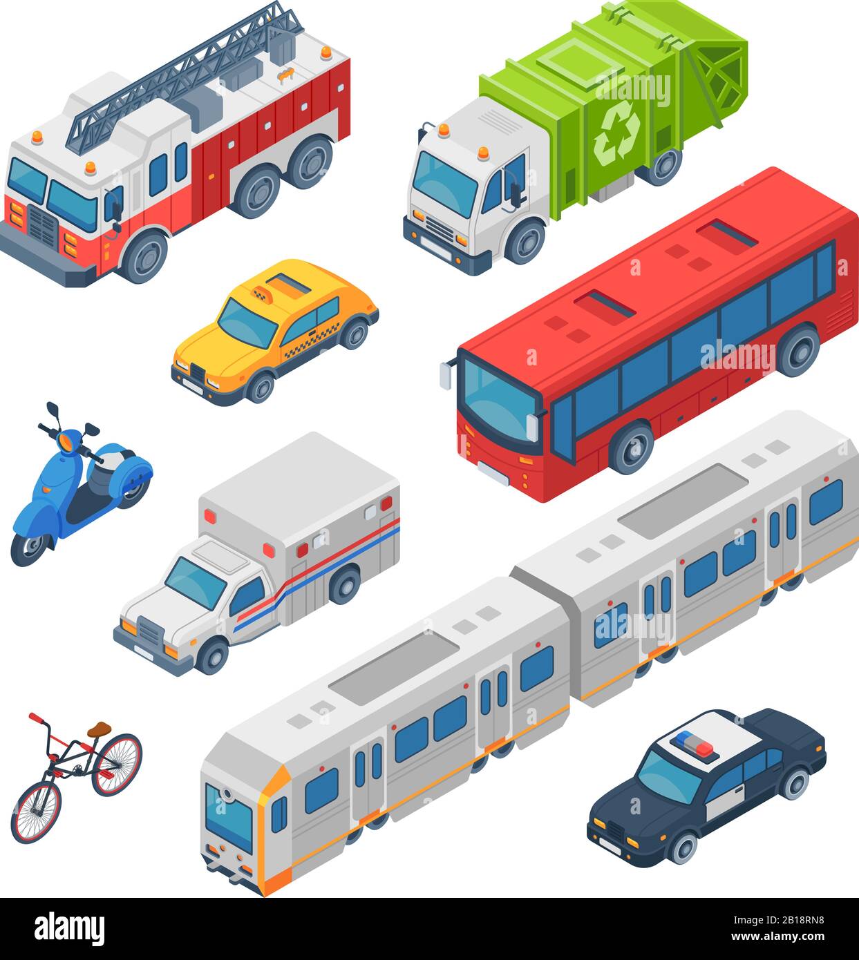 Isometrischer Stadtverkehr. Rettungswagen, Polizeiwagen und Feuerwehrauto. U-Bahn, Stadttaxi und öffentlicher Bus. Verkehrswagen 3d Vektor gesetzt Stock Vektor