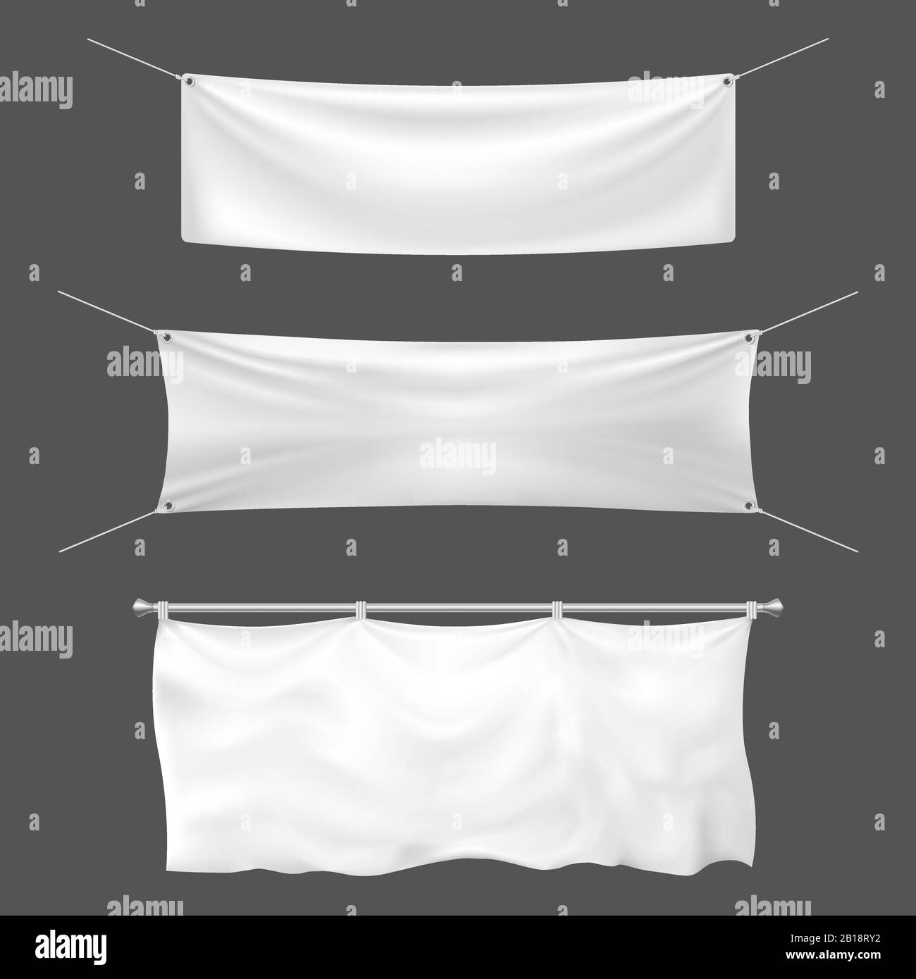Textilbanner Mockup. Leeres Vorzeichen, hängende leere weiße Banner und Ankündigungs-Canvas-Schilder 3D-Vorlage Vektorgrafiken Stock Vektor