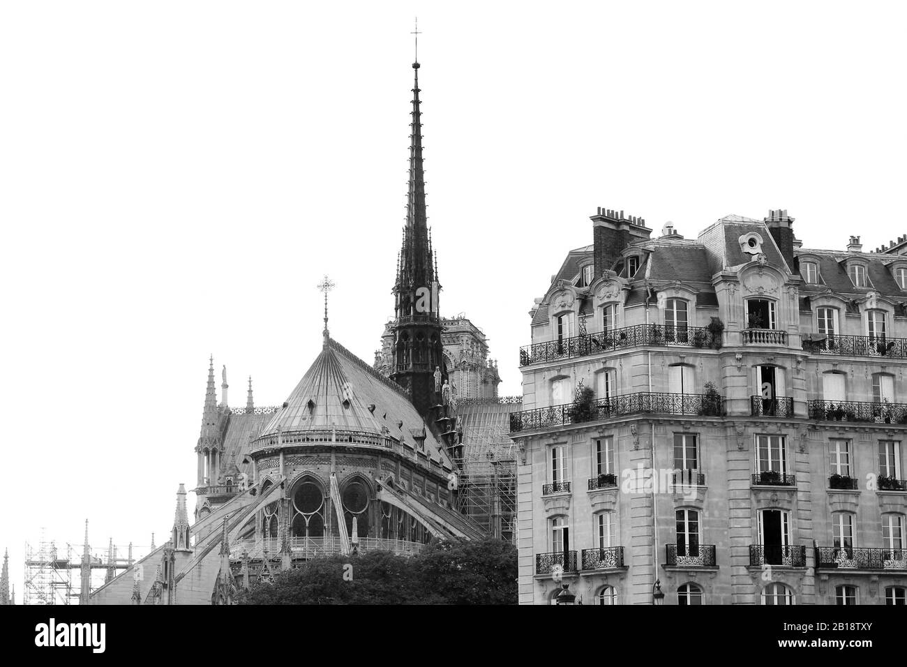 Kathedrale Notre-Dame de Paris Zurück Schwarz-Weiß-Blick. Pariser Architektur. Historische Wahrzeichen von Paris, Frankreich. Stockfoto