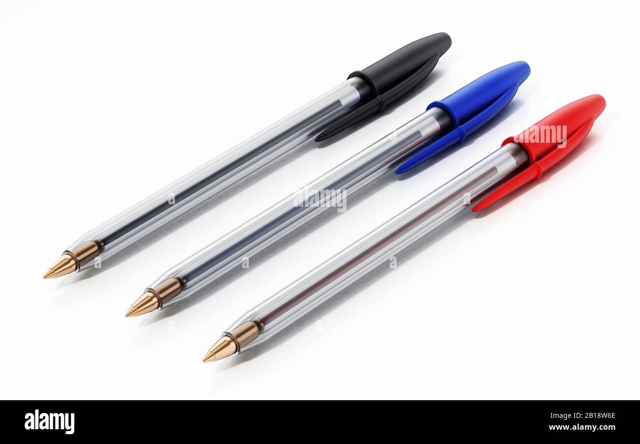 Schwarze, blaue und rote Kugelschreiber isoliert auf Weiß. 3D-Abbildung. Stockfoto