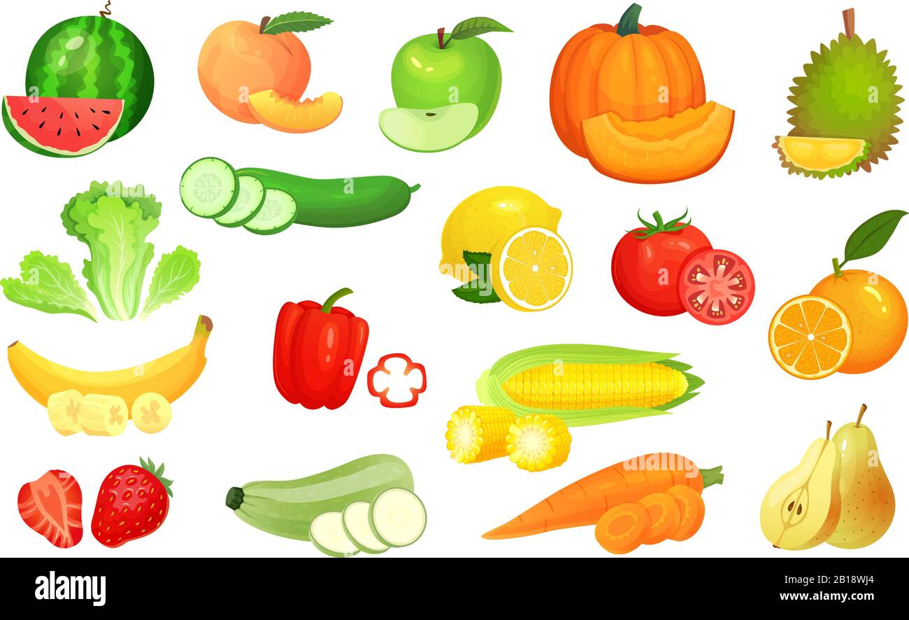 In Scheiben geschnittene Lebensmittel. Gehacktes Gemüse und geschnittenes Obst. Schneiden Sie Gemüse, Obst und Beeren Slice Cartoon Vector Illustration Set Stock Vektor