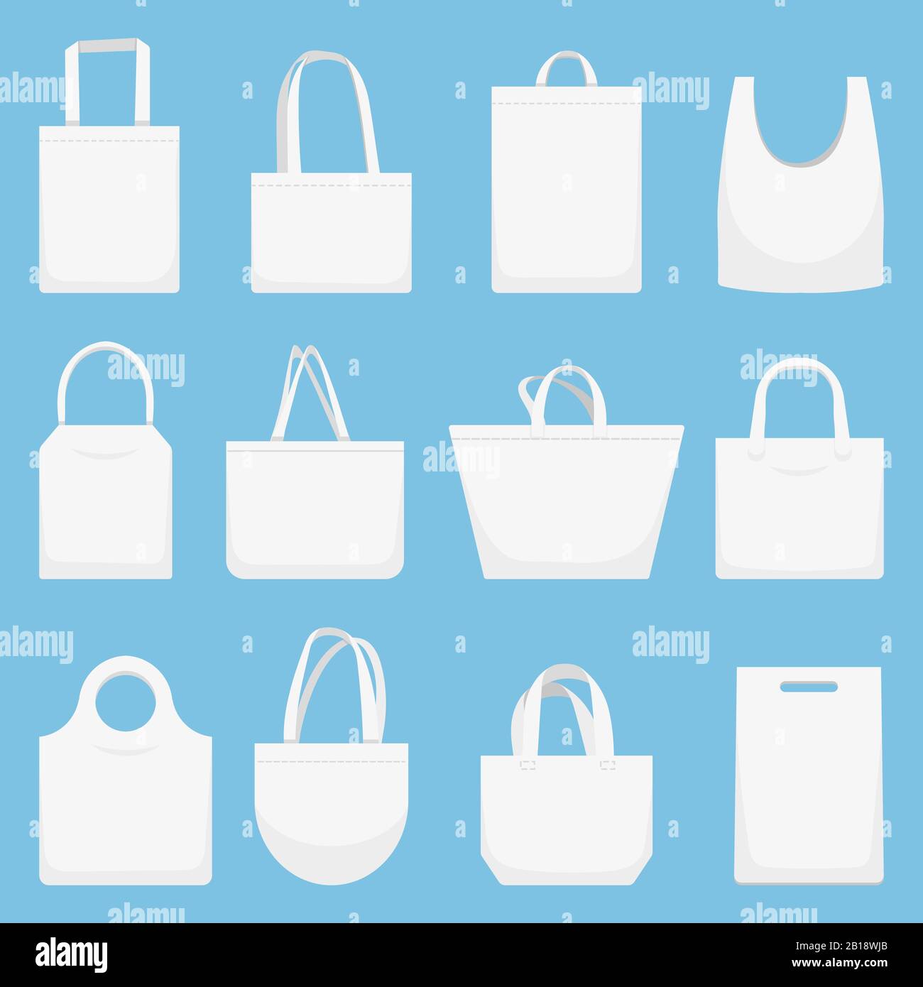 Stofftasche. Eco Canvas Taschen, weiße Einkaufstaschen und Strandtuchhandtasche Vektorgrafik-Set Stock Vektor
