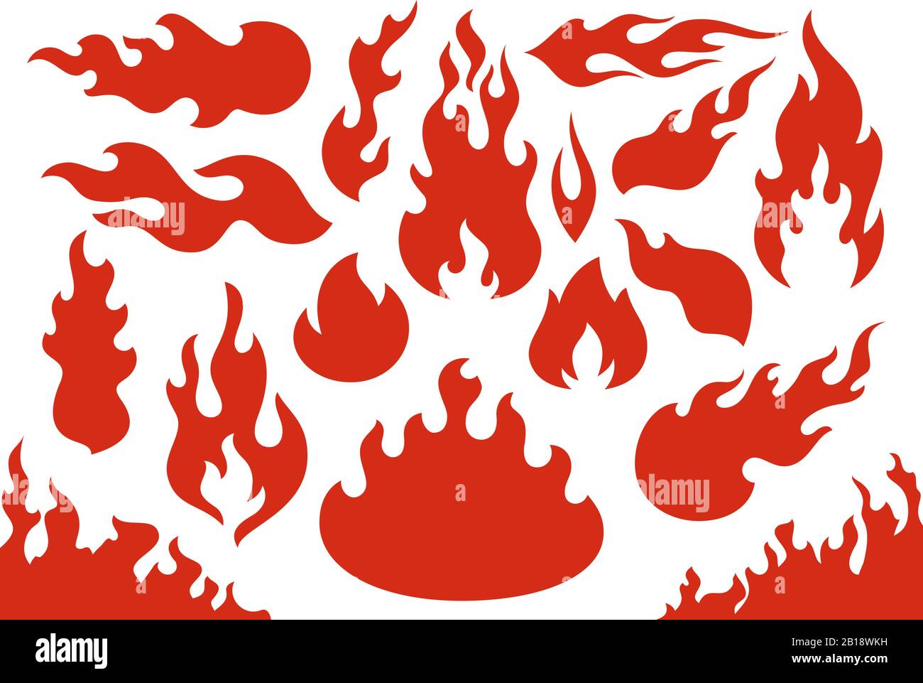 Flammende Flammen. Flammender roter Wildbrand feurig oder Rennflamme. Blitzende Hölle Inferno Feuer Ikonen Illustration Set Stock Vektor